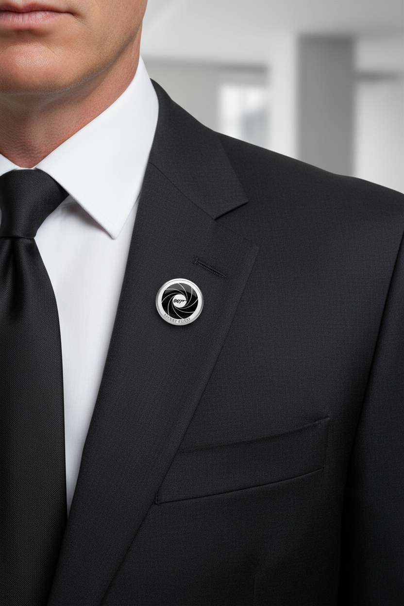 Round 007 Secret Agent pinback button on black suit lapel, 2.25-inch