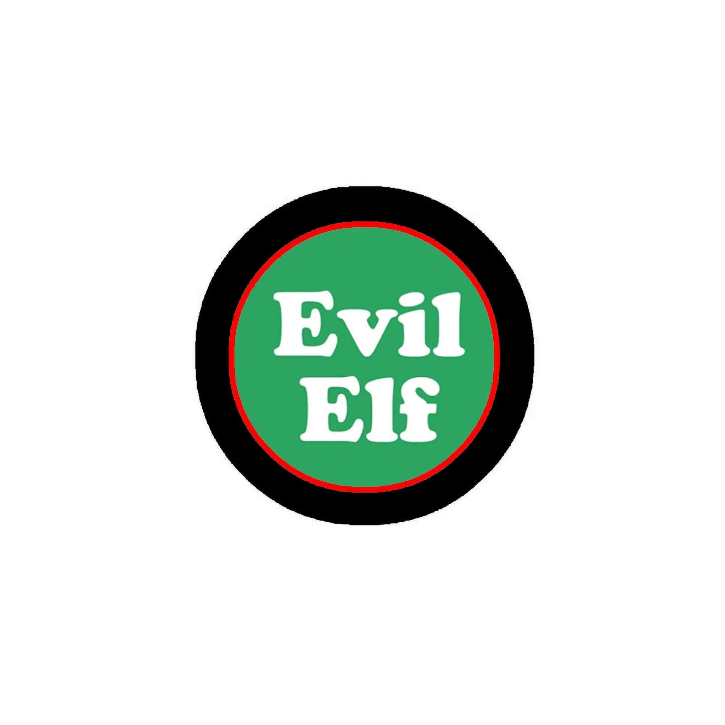 Round Evil Elf logo badge with black border, green center, and white “Evil Elf” text