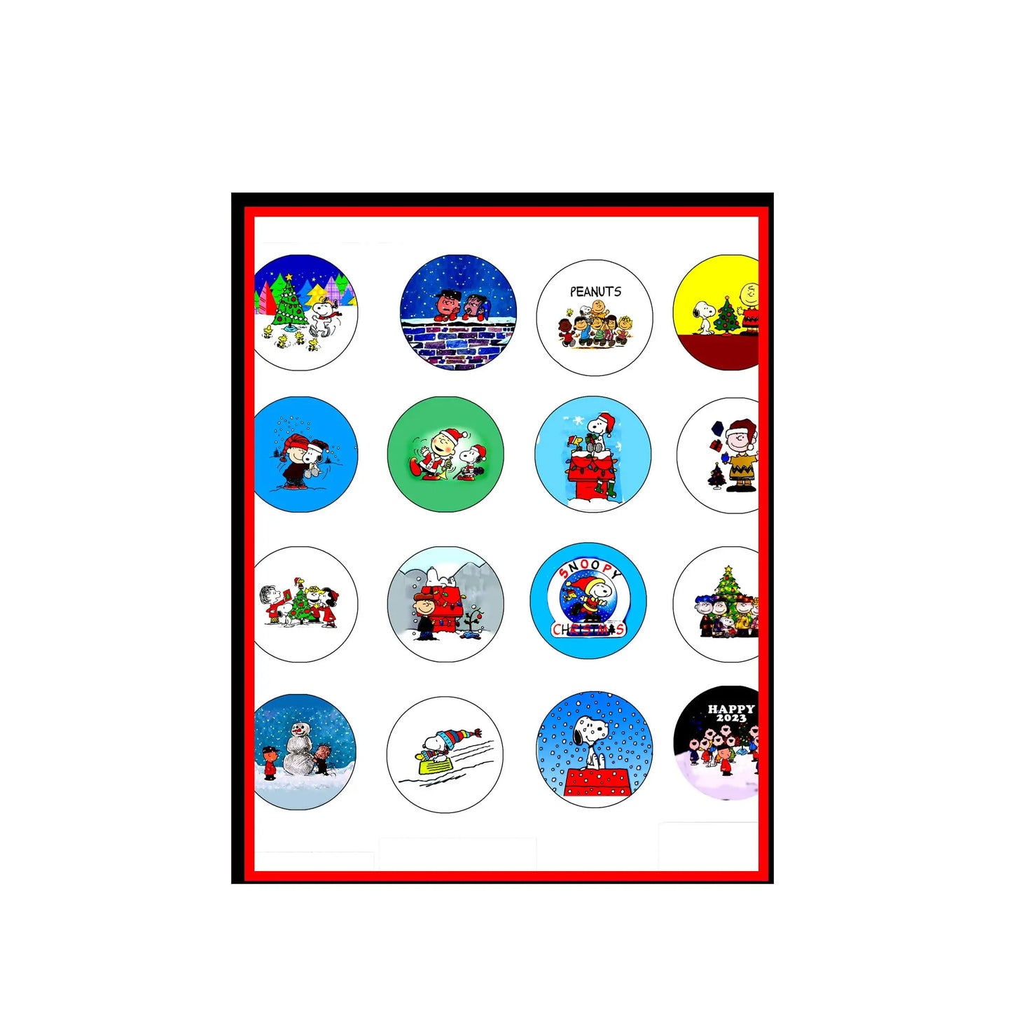 Set of 16 Christmas-themed dog drawing pinback buttons on a display card