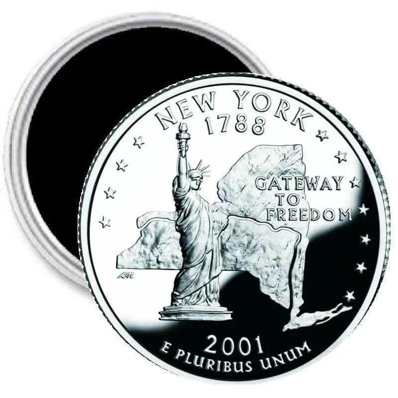 Round silver quarter-style image magnet with New York Statue of Liberty design