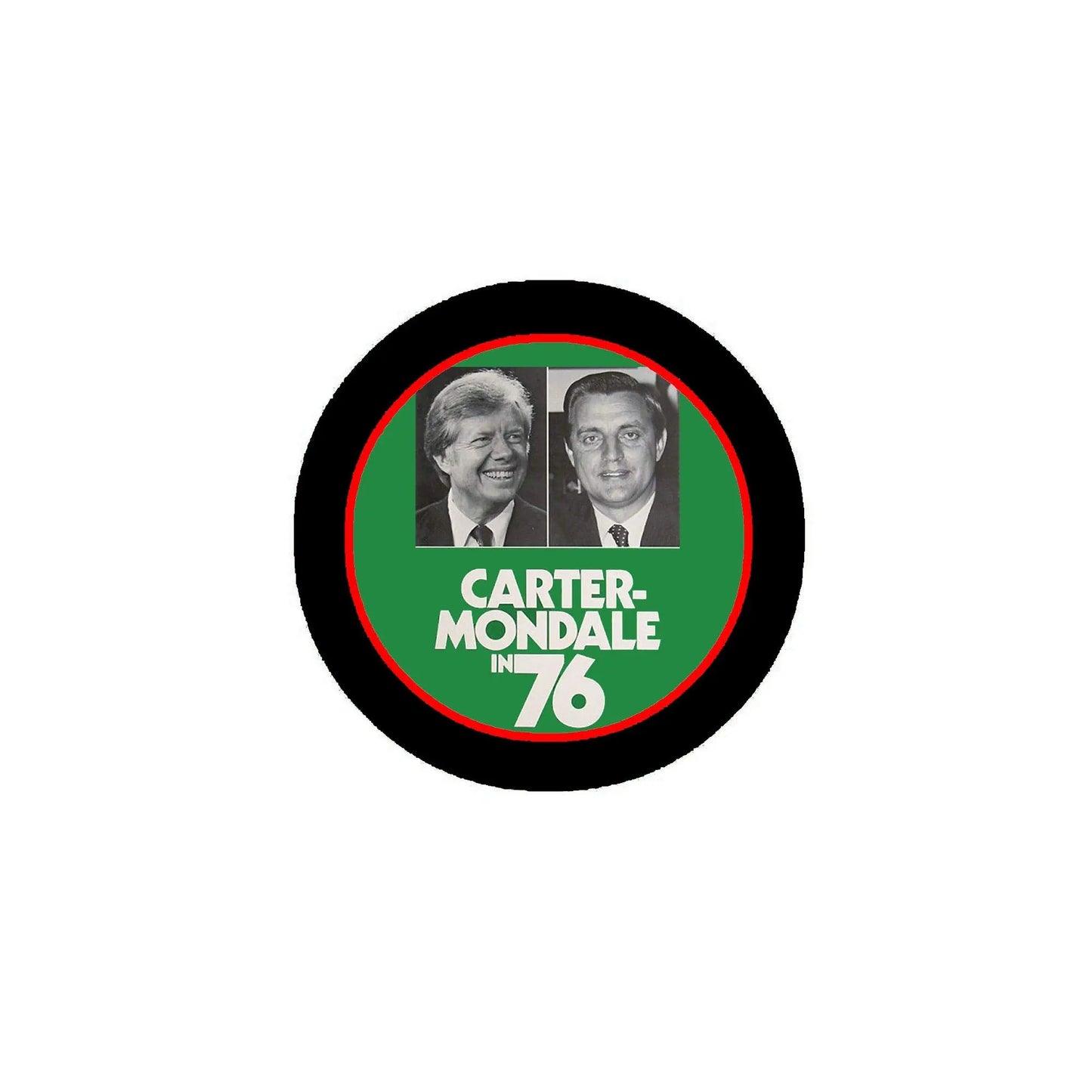 Carter-Mondale 1976 pinback button with black rim and green center text
