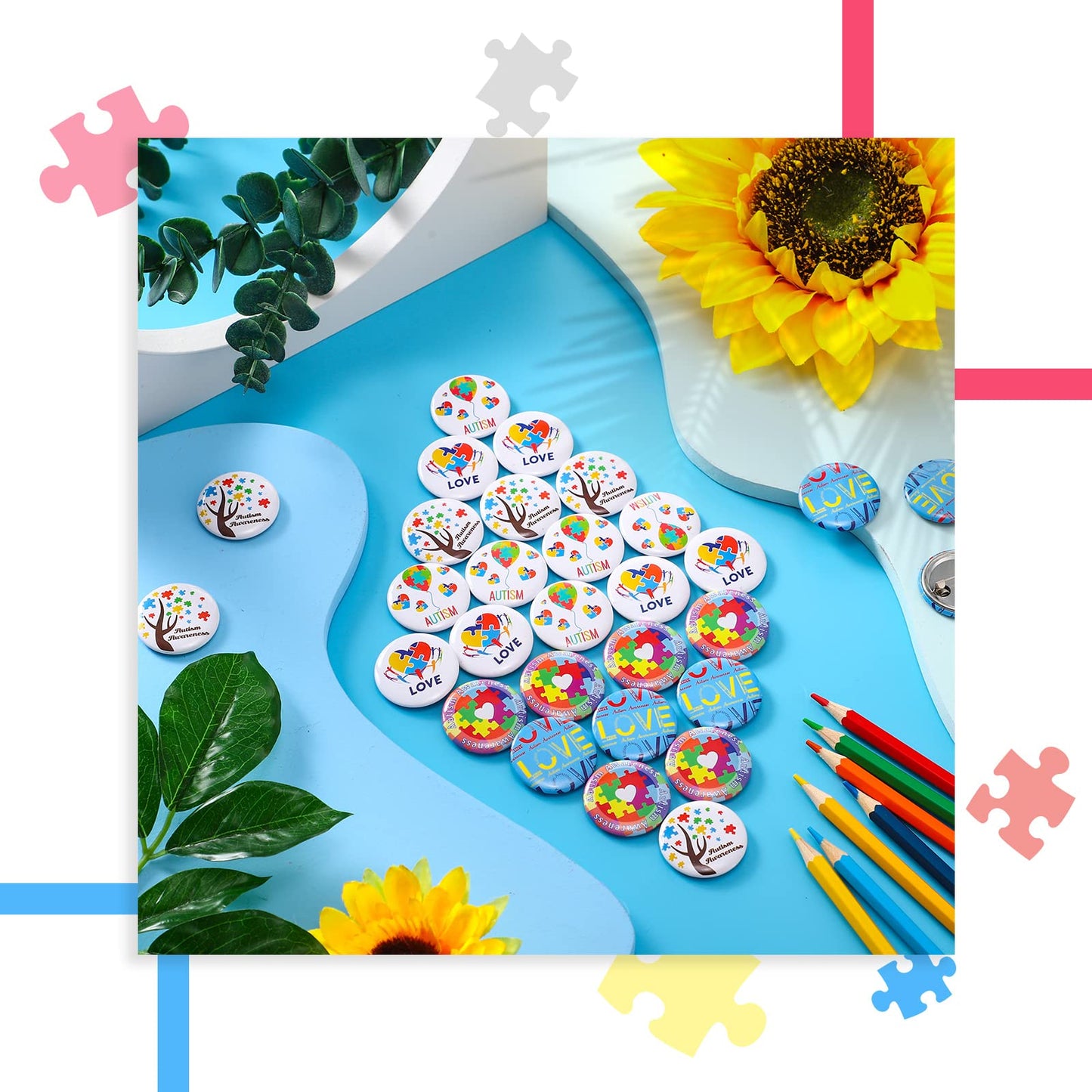 Autism Awareness Buttons Pins 1.26 Inches Autism Awareness Badge Autism Awareness Pins Pinback Buttons Badges Pins (60 Pieces)