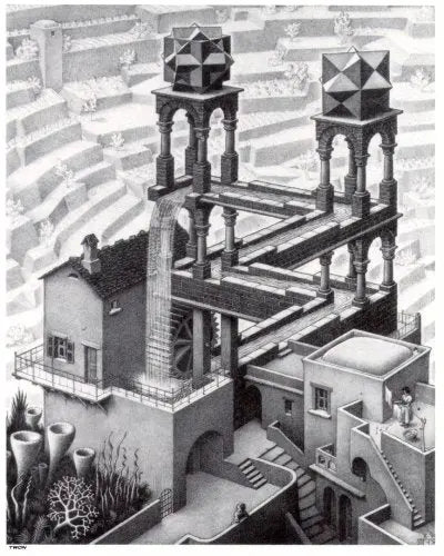 Escher "Waterfall" mouse pad, black-and-white geometric tower and waterfall artwork