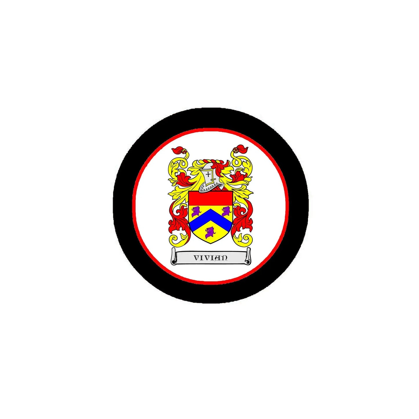 Round coat of arms crest magnet with black border and colorful shield, red ribbon