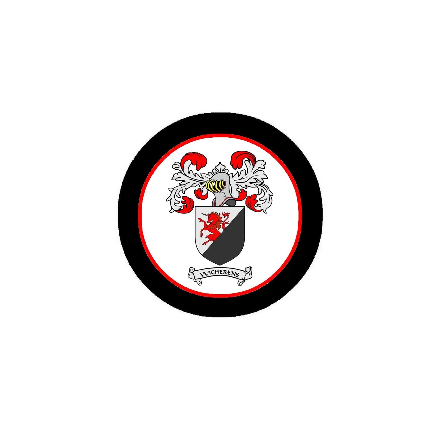 Round coat of arms pin with black border and red-white crest, pinback badge
