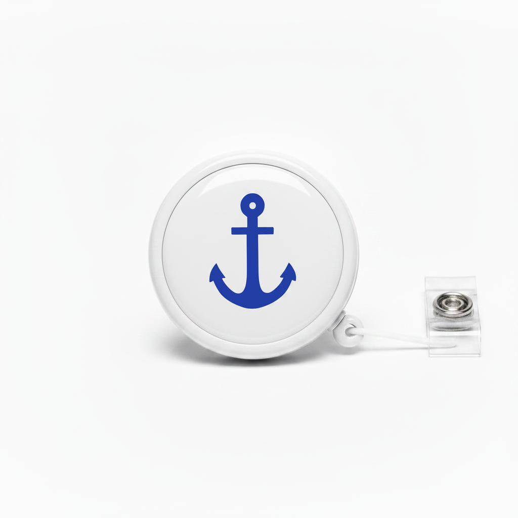 Anchor symbol retractable badge reel with white case and blue anchor logo