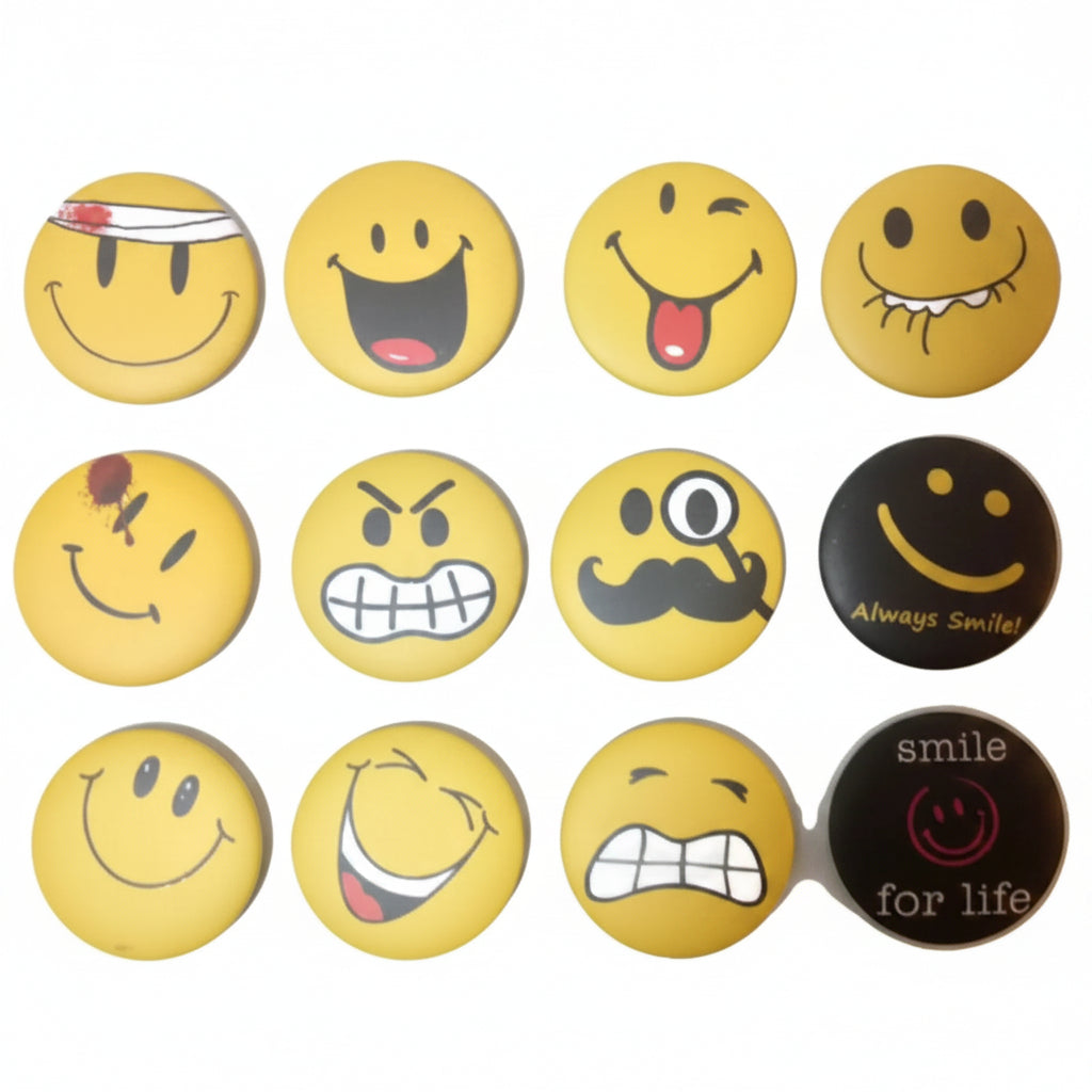 Set of round smiley face button badges, yellow and black emote designs