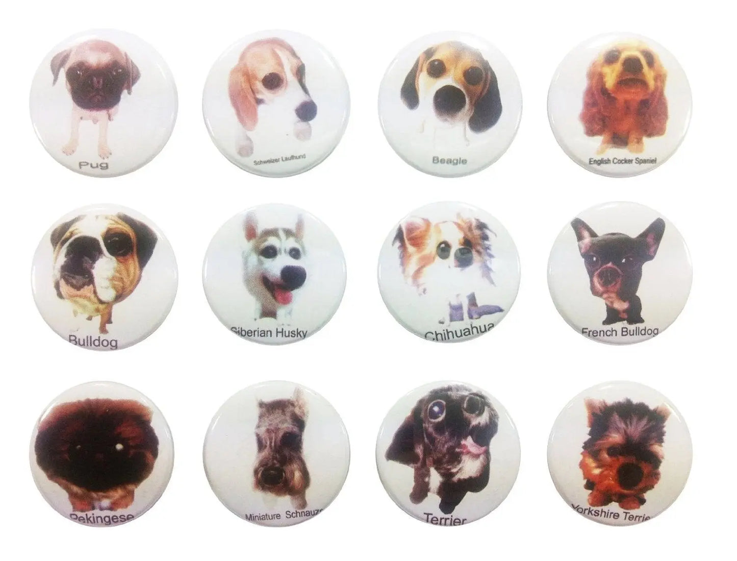 Set of 12 round dog pin badges with cute puppy faces in separate designs