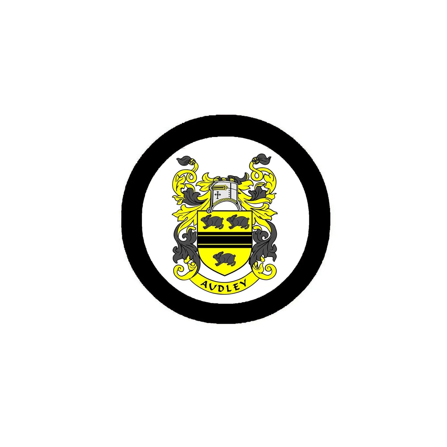 Round 3-inch Audley family crest coat of arms magnet with black rim and yellow-blue shield