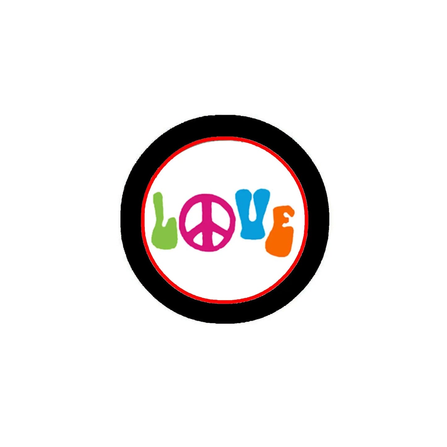2.25-inch pinback button with black rim and colorful peace-sign lettering