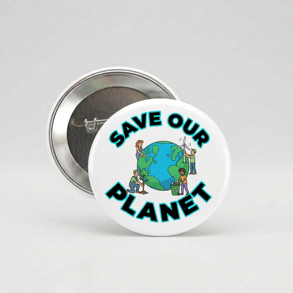 Green Save Our Planet earth pinback button, round with safety pin backing