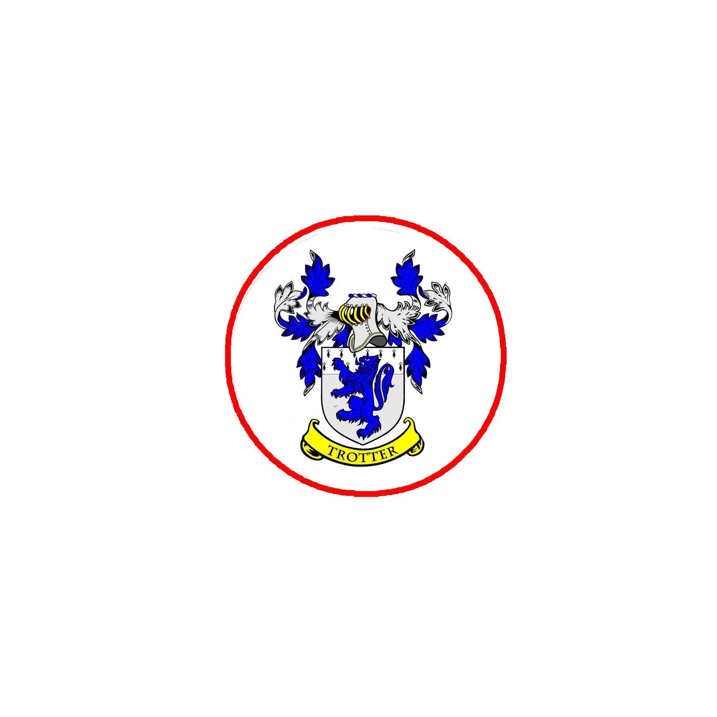 Round pinback badge with blue-and-white family crest inside red border