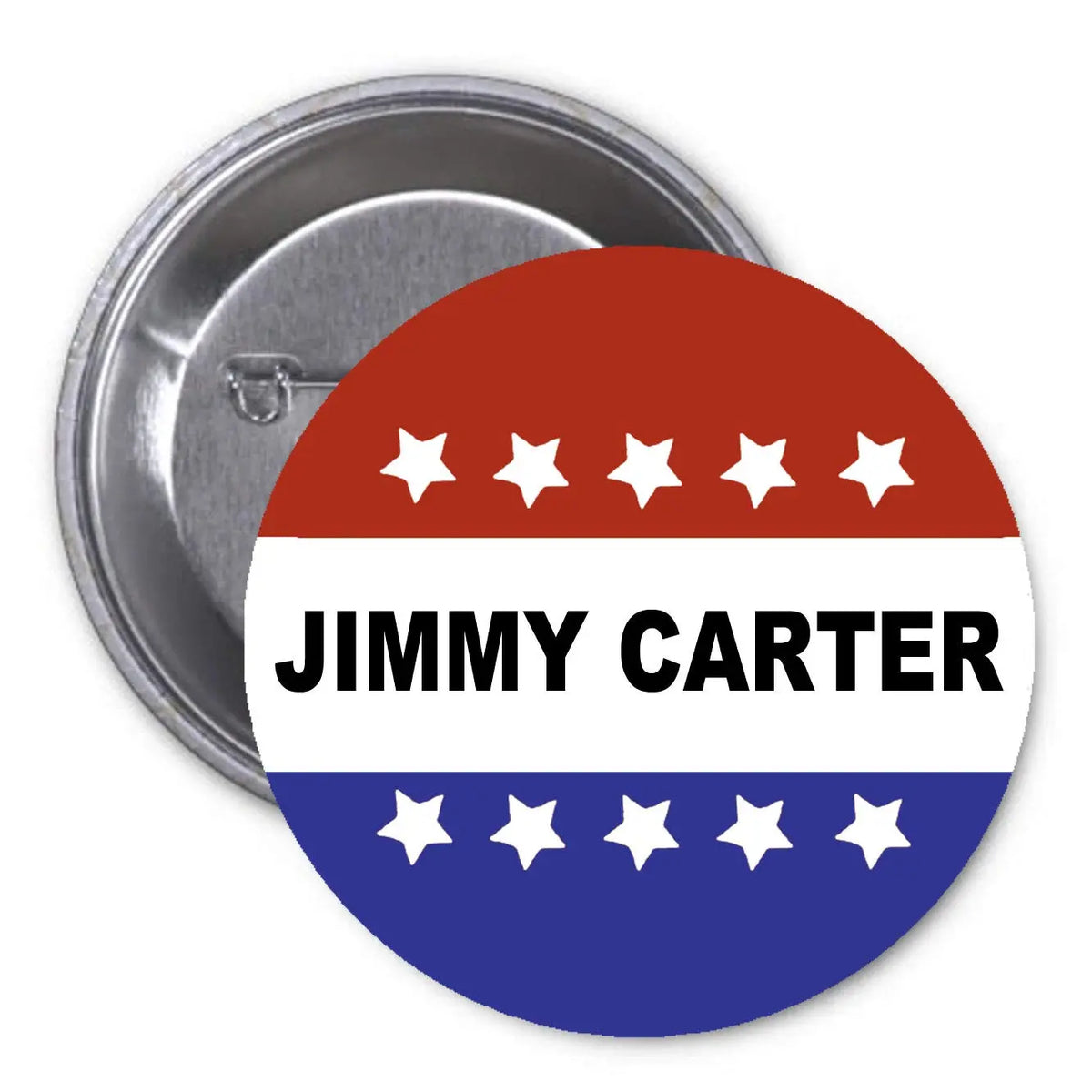 Jimmy Carter pinback button with stars, flag colors, and 'JIMMY CARTER' text
