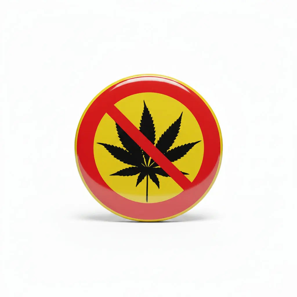 Drug-free 2.25-inch pinback button badge with red prohibition cannabis leaf
