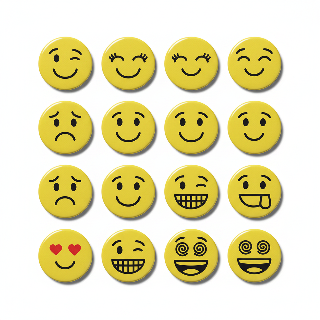 A set of 16 round yellow smiley face buttons or badges arranged in a 4-by-4 grid on a plain white background. The faces include various expressions such as winking, smiling, sad, happy, tongue-out, heart-eyes, and dizzy.