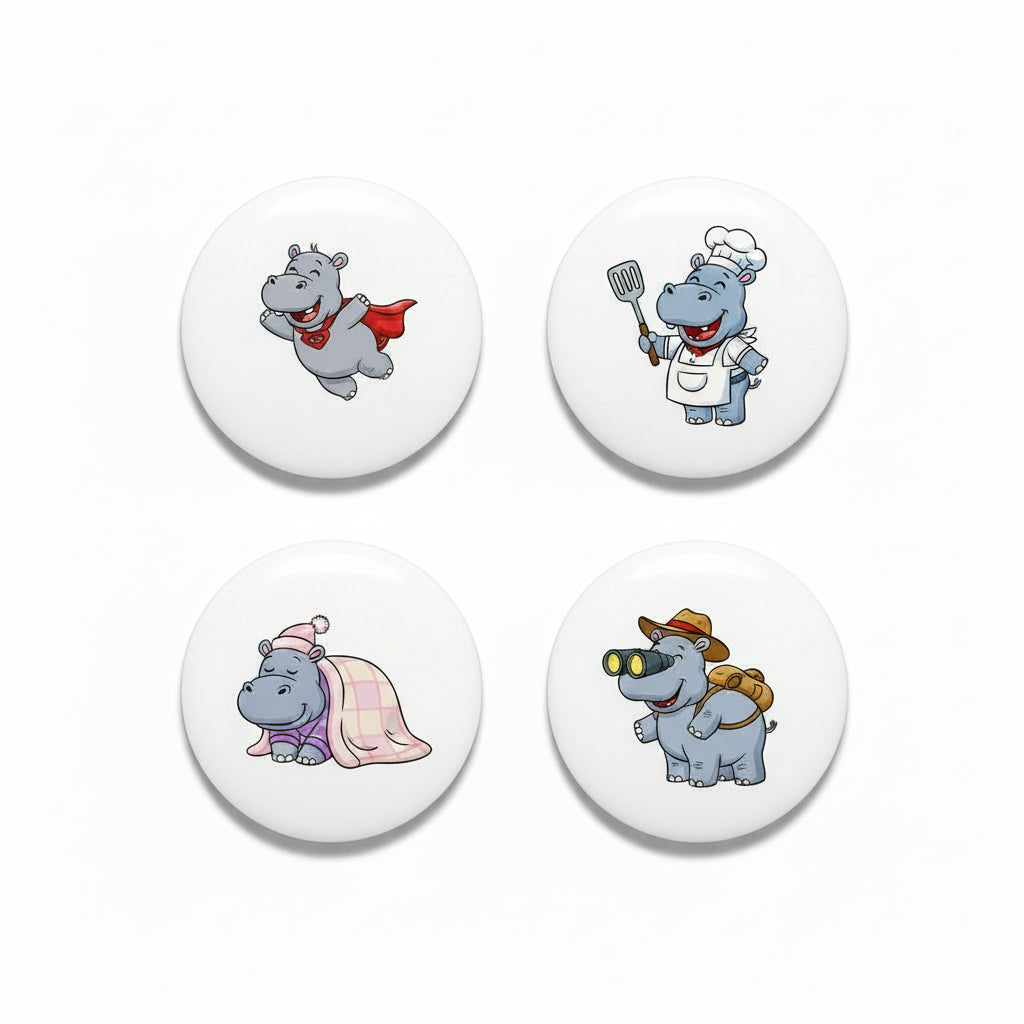 Hippo pinback button badge set, 4 round pins with black rim