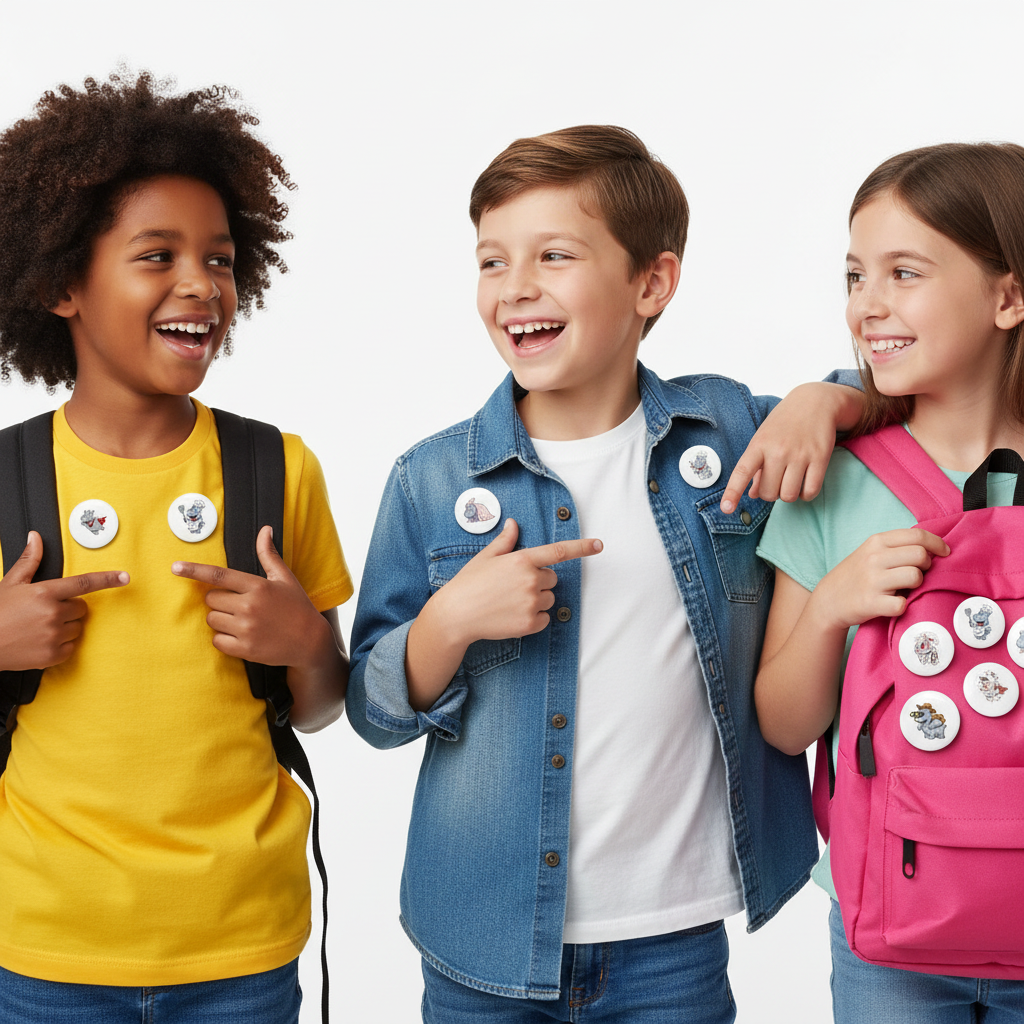 Three children standing together against a light gray studio background, each wearing a backpack with round white stickers and pointing toward them. The child on the left wears a yellow shirt, the center child wears a blue denim jacket over a white shirt, and the child on the right wears a light green shirt with a bright pink backpack.