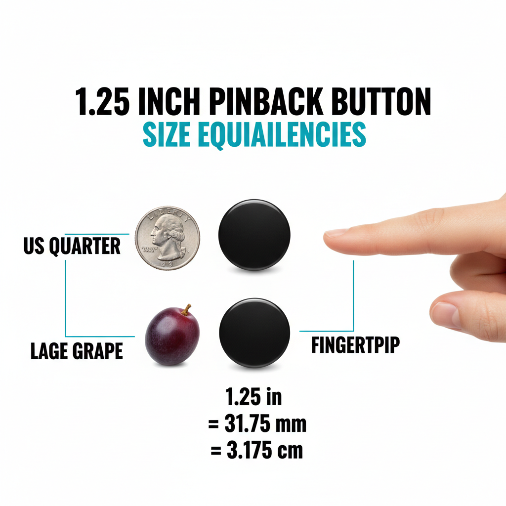 1.25 in pinback button size chart with fingertip, US quarter, and coins