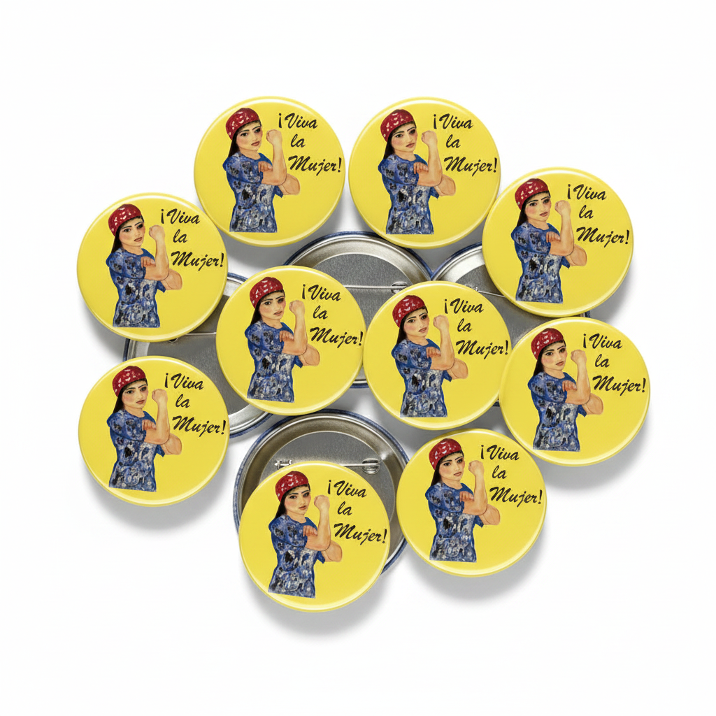 Set of yellow pinback buttons with illustrated “¡Viva la Mujer!” woman design, 10 pack
