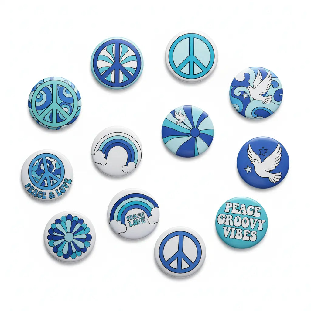 100 Pcs Blue Tones Peace Hippie Signs Pinback 1.25-inch
