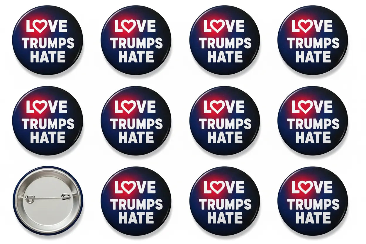 Pack of round pinback buttons, navy with “LOVE TRUMPS HATE” text and heart logo