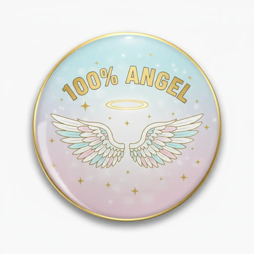 2.25-inch angel pinback with '100% ANGEL' text and pastel wing graphic