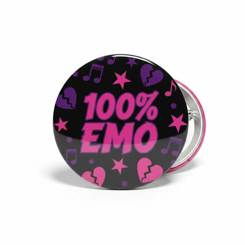 2.25-inch round pinback button, black with purple '100% EMO' text and music icons