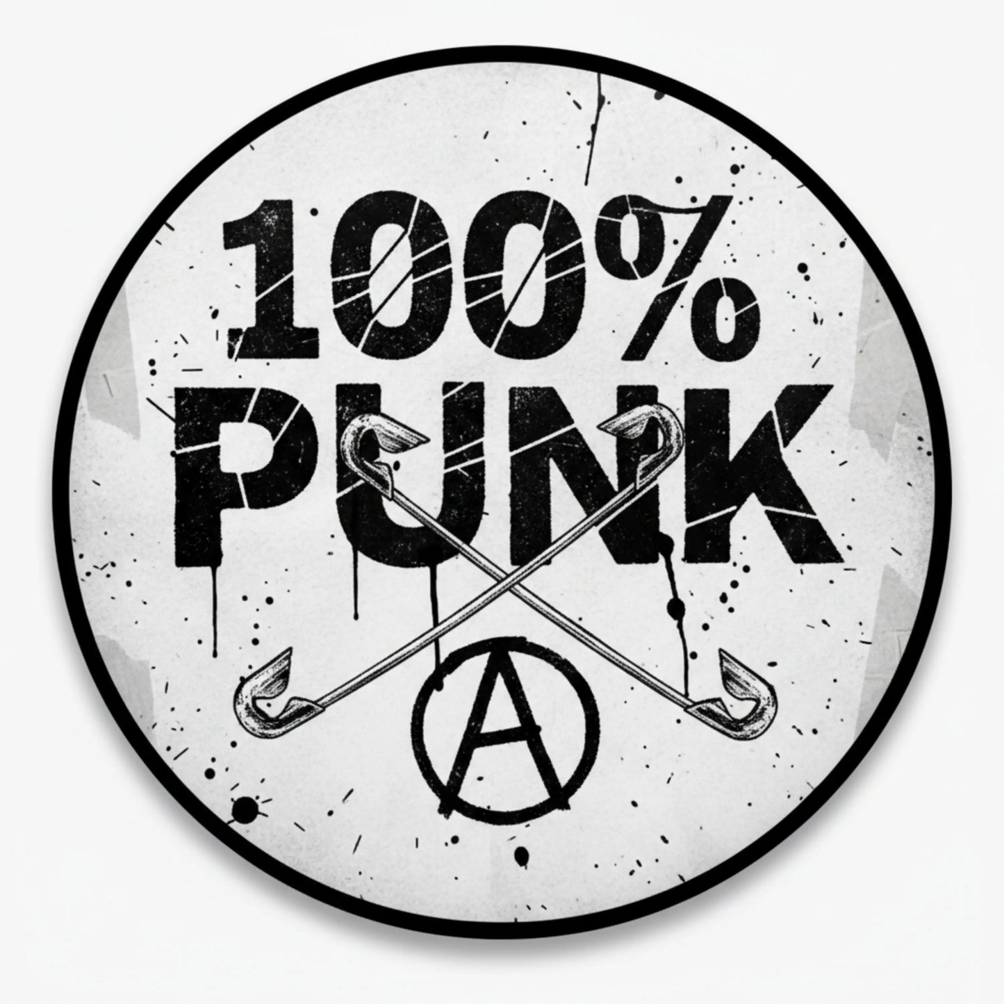 Round 2.25-inch punk pinback button with 100% Punk text, crossed tools, peace sign