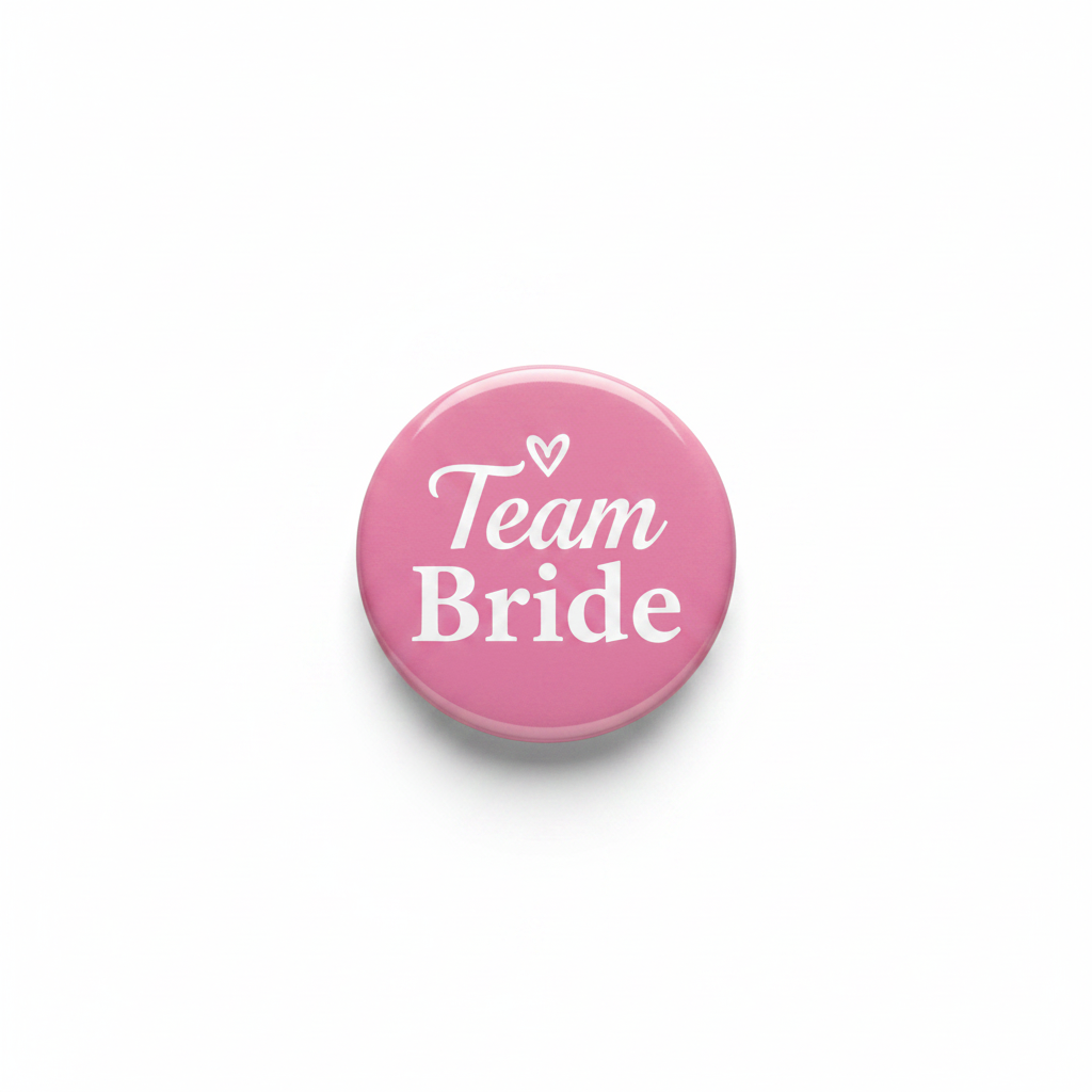 Pink pinback button reading 'Team Bride' with heart icon