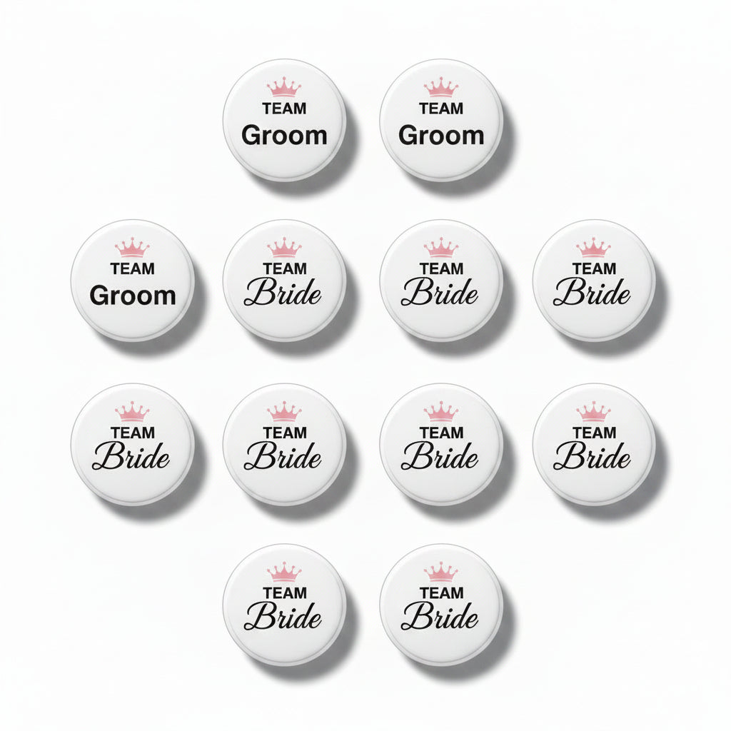 Set of white button pinbacks with TEAM Groom and TEAM Bride text