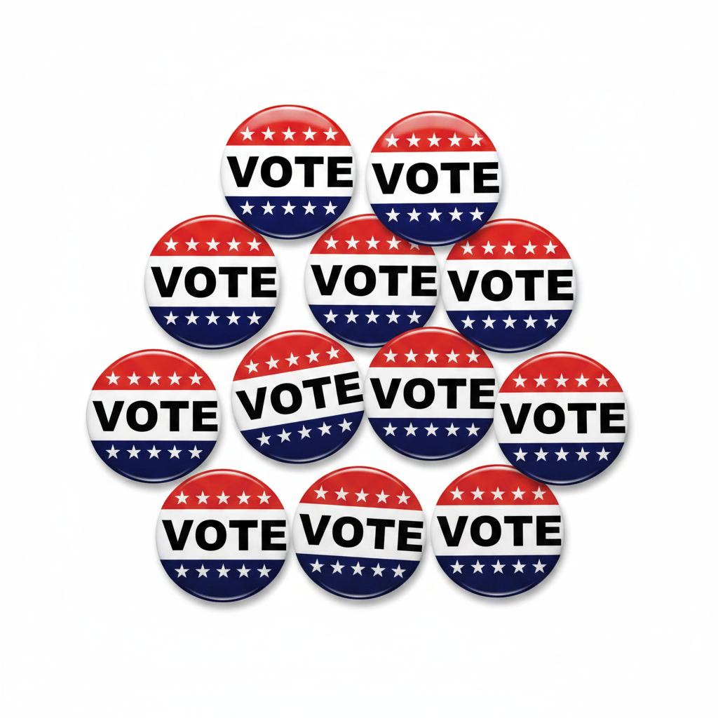 Set of 10 Vote pinback buttons, red white blue stars and stripes with 'VOTE'