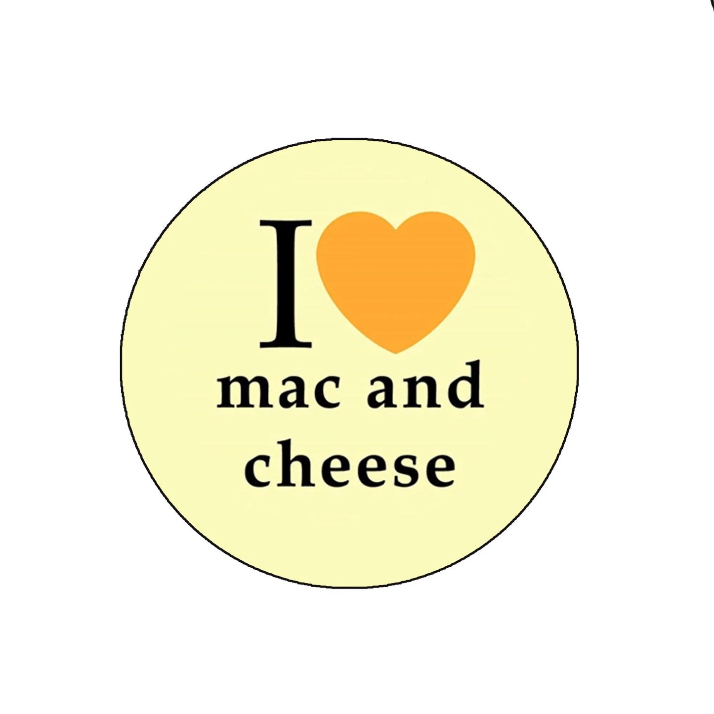 Felt badge reel with round I heart mac and cheese text badge