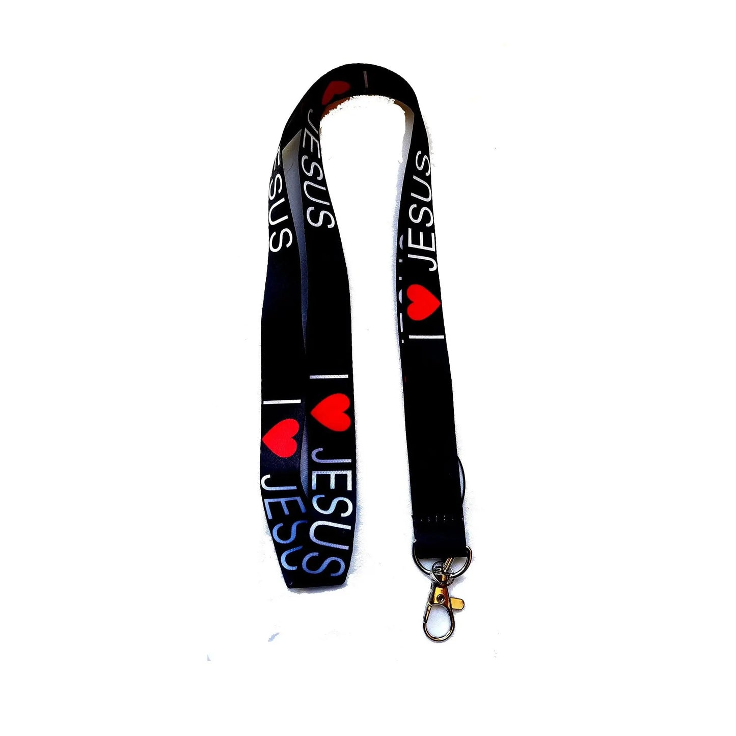 Black Jesus-themed lanyard with red hearts, metal hook and keyring clip