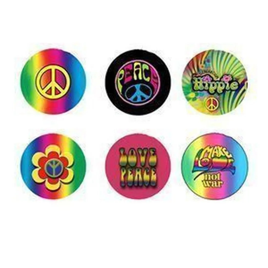 Set of six colorful 1.25-inch pinback buttons with peace and flower designs