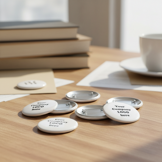 Round white pinback buttons with "Your Company Logo here" text on a tabletop.