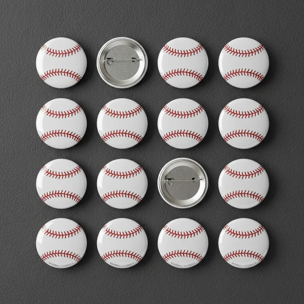 Set of baseball pinback buttons, round metal backs, white balls with red stitching