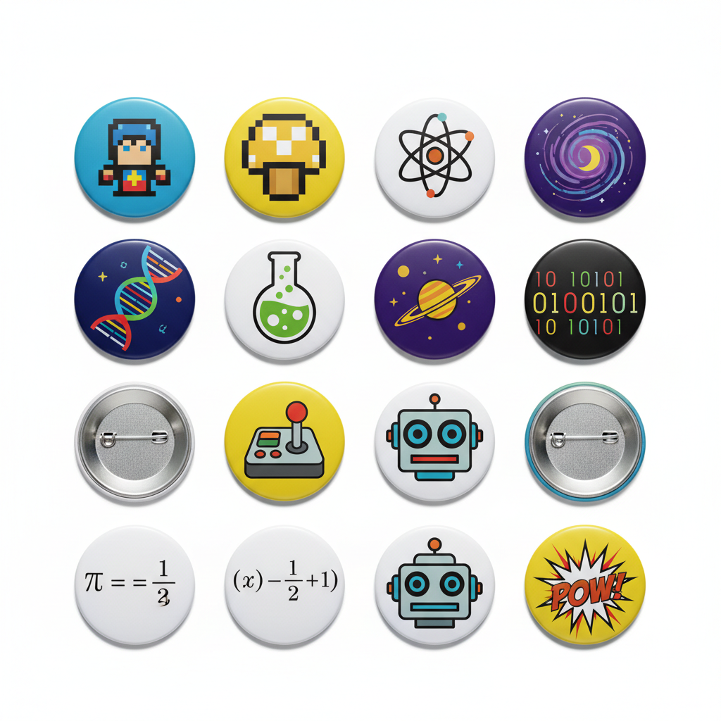 Collection of colorful buttons with various designs on a white background