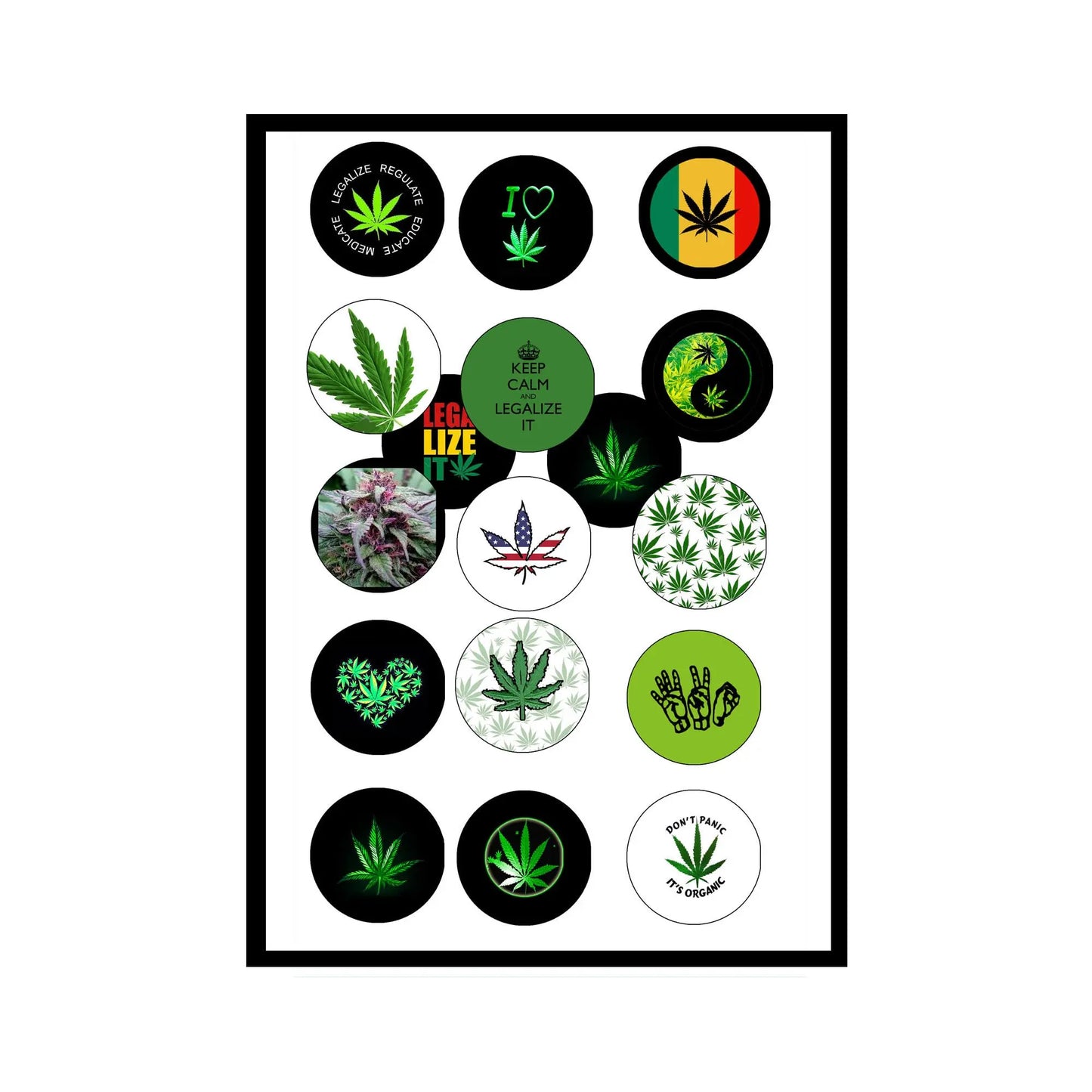 Cannabis leaf pinback badge set, 12 round pins with varied green leaf designs