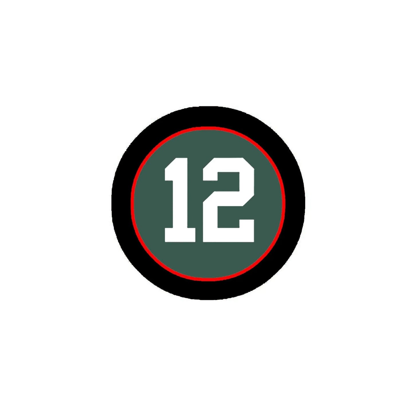 2.25-inch pinback button with black border, red rim, and large number 12