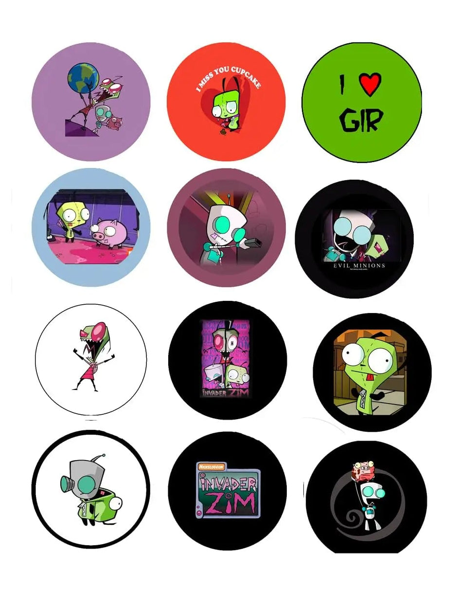Set of 12 circular alien pinback brooches with colorful cartoon designs