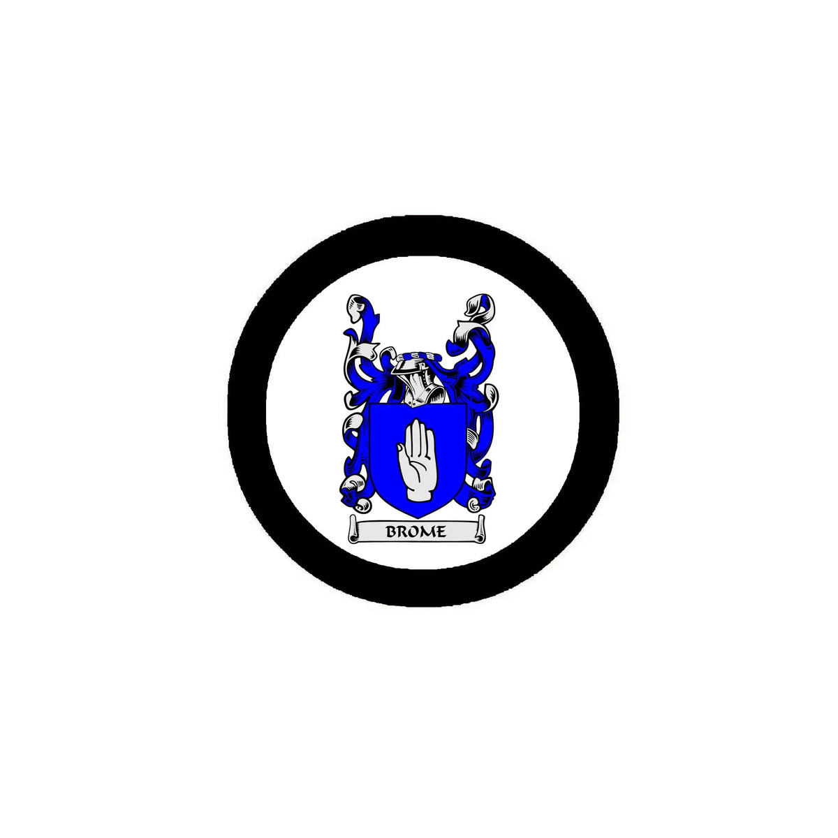 3-inch round Brome family crest coat of arms magnet, black ring with blue shield