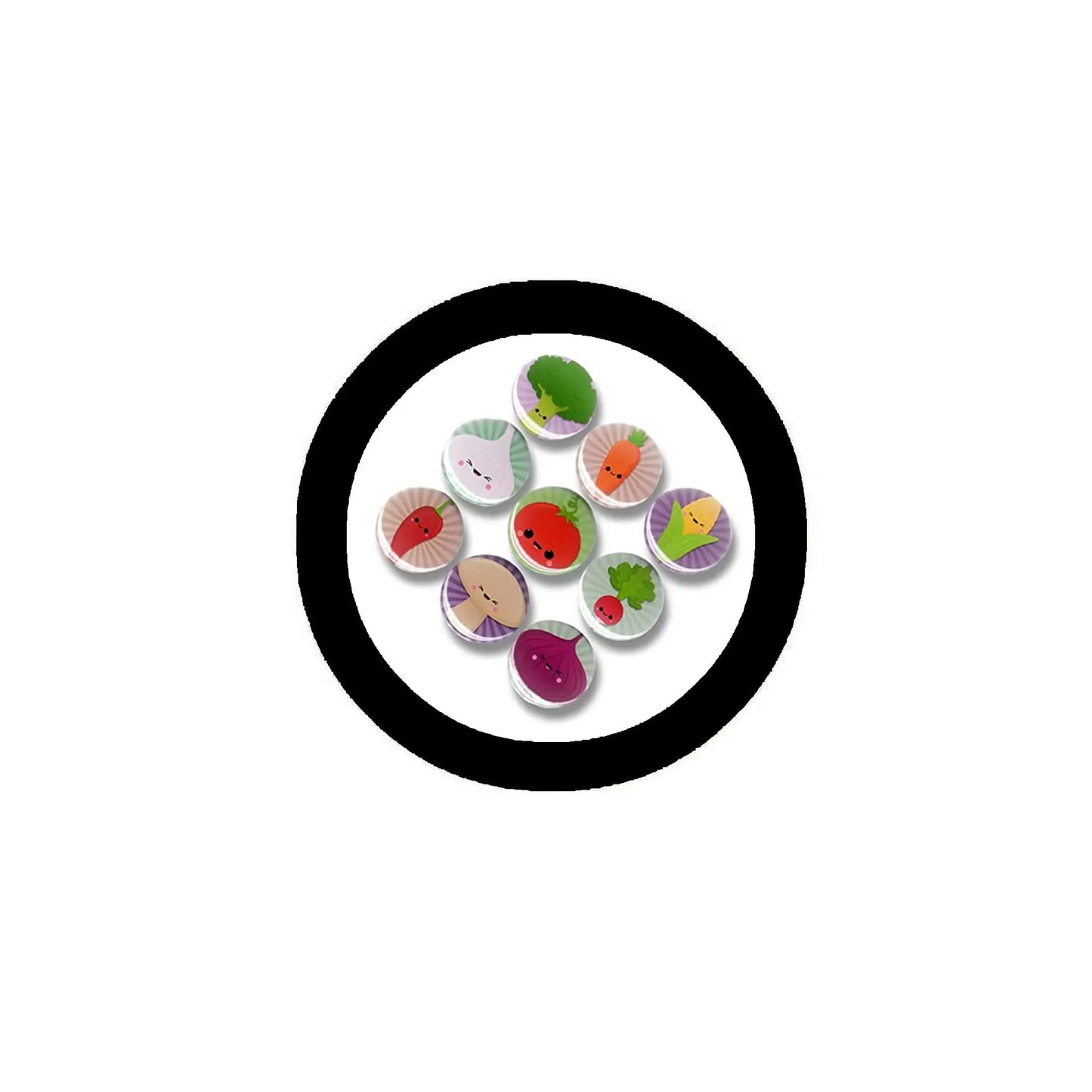 Round vegetable food pinback badge with colorful veggie slice icons inside black border