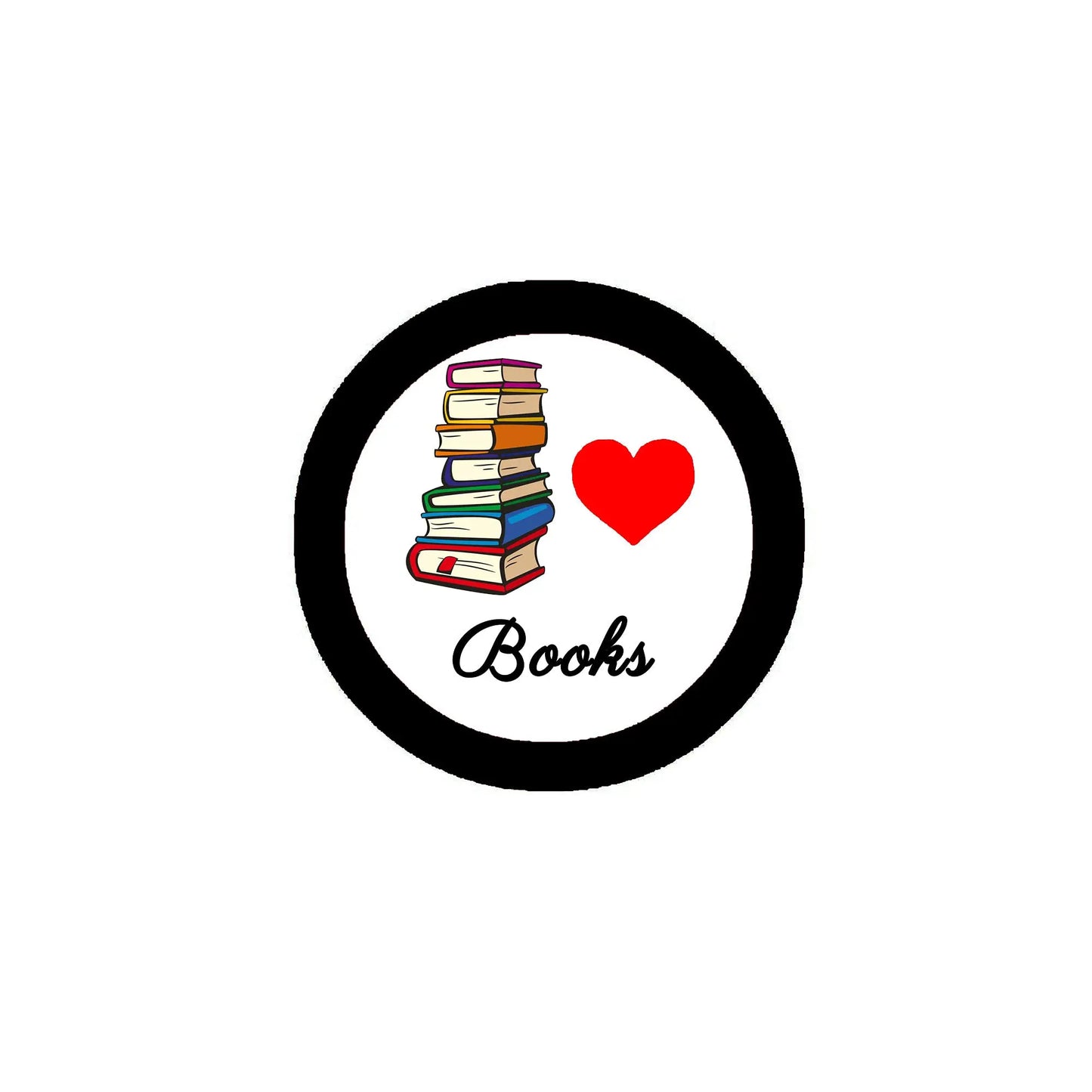 Black circular Books button badge pin with stacked books, red heart, and cursive 'Books'
