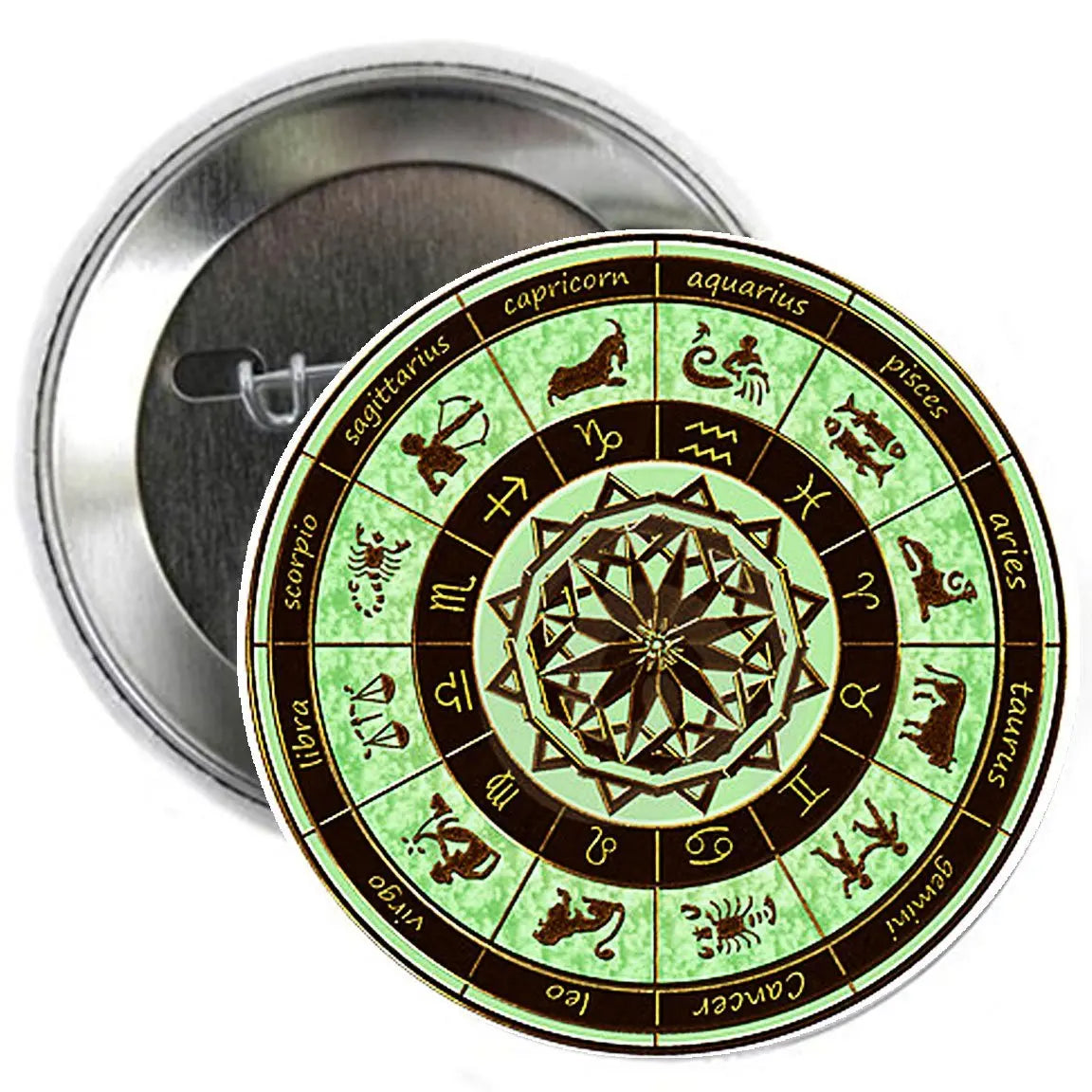 2.25-inch zodiac wheel pinback badge, green horoscope ring with starry center