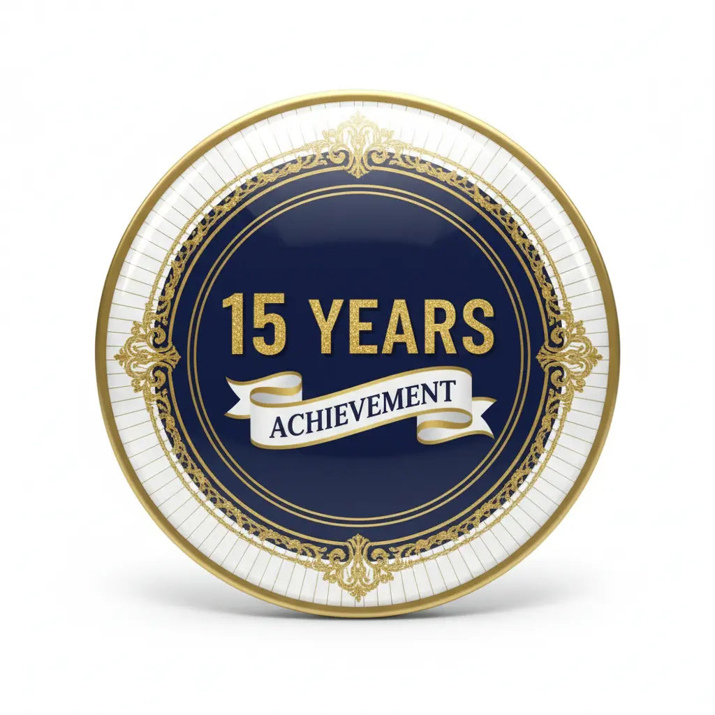 15 Years achievement certificate pinback badge, 2.25-inch round gold and navy blue