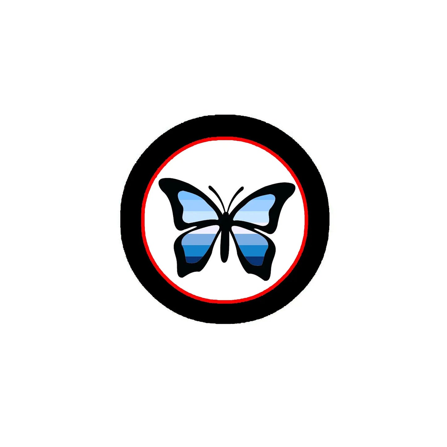 2.25-inch round pinback badge with blue butterfly design and red/black border