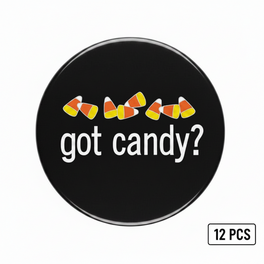Black round got candy? badge pin with candy corn icon, 12 pcs set.