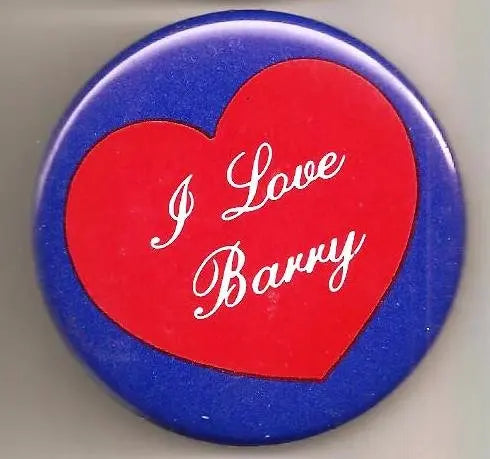 Pinback button with red heart and white script "I Love Barry" on blue