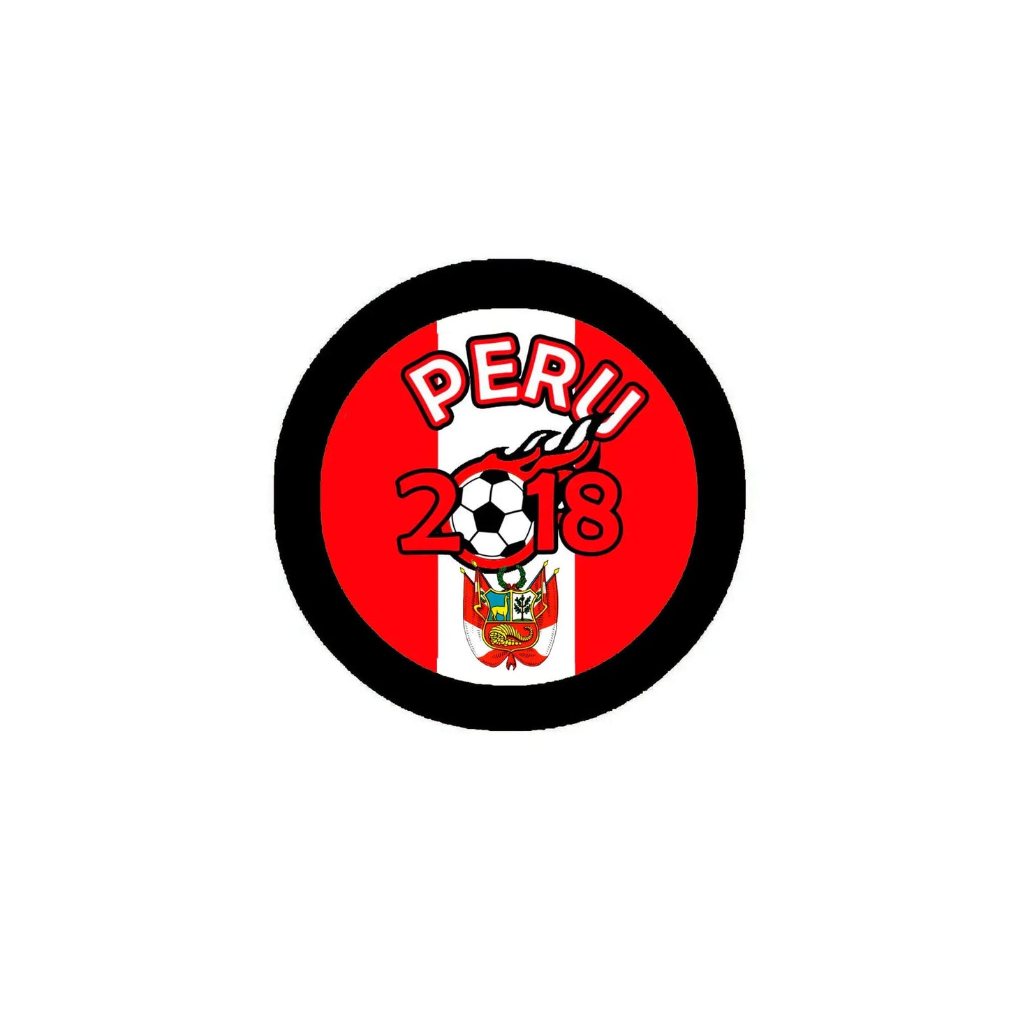 Peru 2018 soccer pinback badge, round red center with black border and soccer graphic.