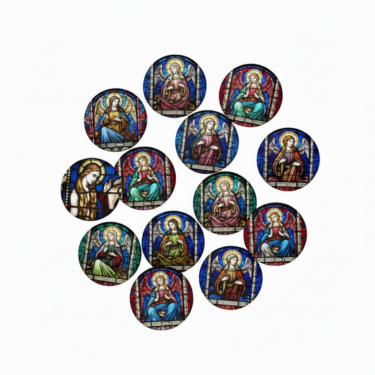 Religious stained-glass style pinback buttons, round set of 12